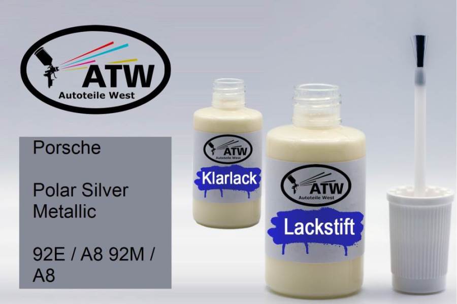 Porsche, Polar Silver Metallic, 92E / A8 92M / A8: 20ml Lackstift + 20ml Klarlack - Set, von ATW Autoteile West.